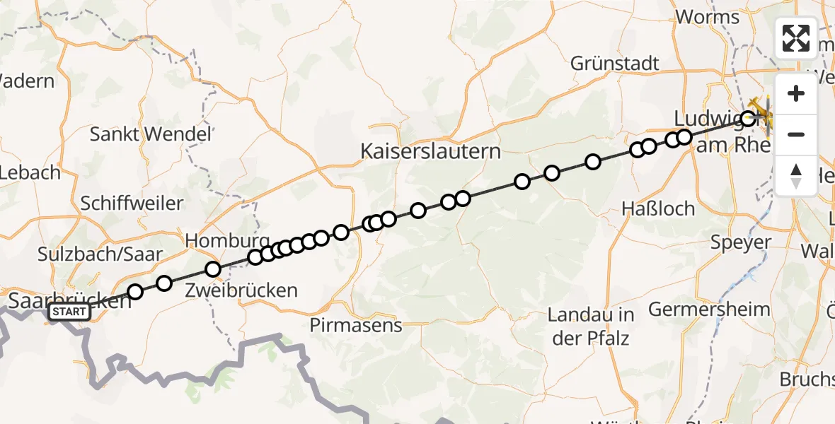 Flugroute Ambulanzhubschrauber Saarbrücken - Mannheim, 25 Juli 2026, 04:58