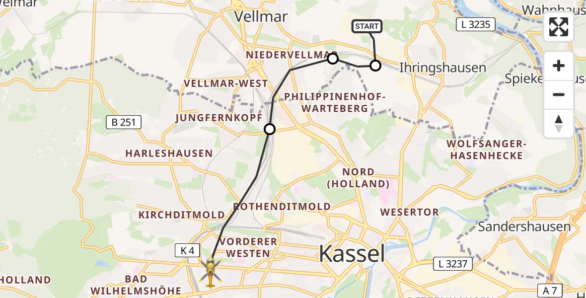 Flugroute Rettungshubschrauber Fuldatal Bundespolizei Hubschrauberlandeplatz - Kassel, 25 Juli 2026, 05:35