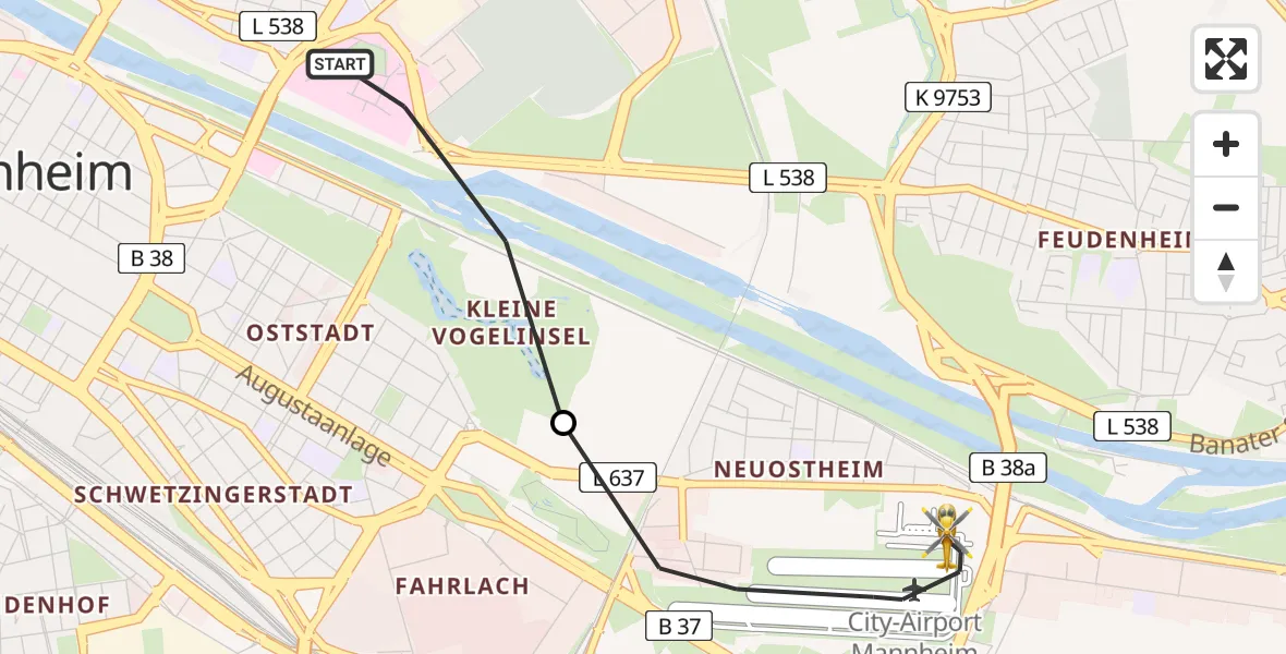 Flugroute Ambulanzhubschrauber Mannheim - Mannheim-City Flughafen, 25 Juli 2026, 05:41