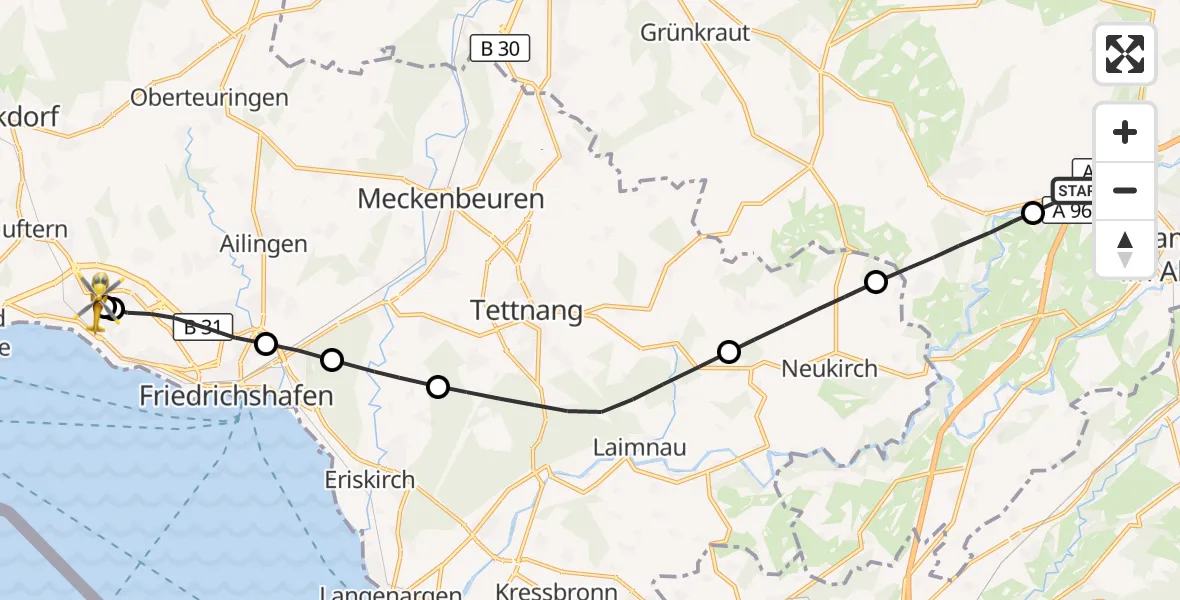 Flugroute Rettungshubschrauber Amtzell - Friedrichshafen Hospital, 25 Juli 2026, 05:44