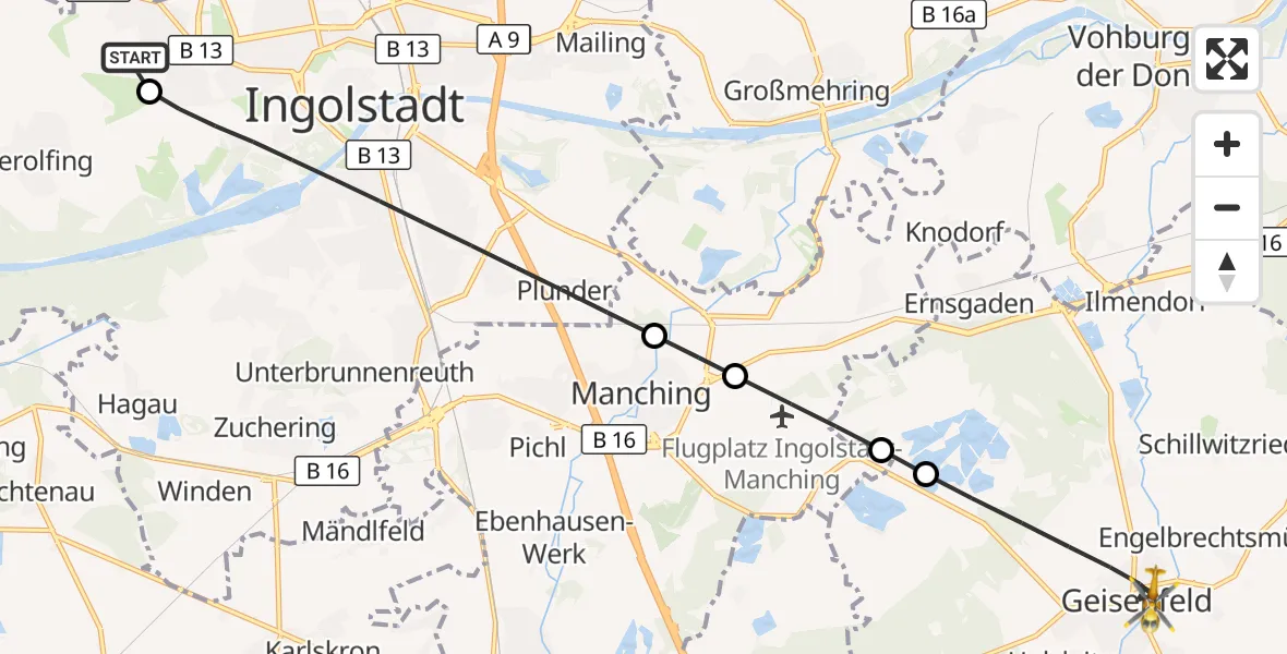 Flugroute Rettungshubschrauber Ingolstadt Hospital - Geisenfeld, 25 Juli 2026, 05:54