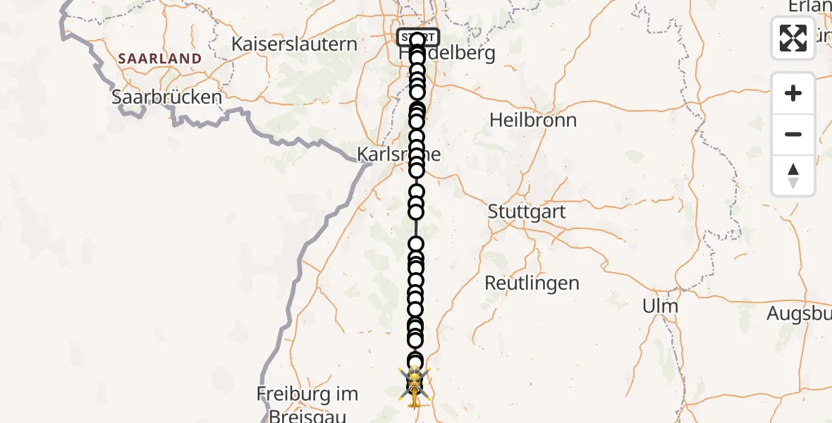 Flugroute Ambulanzhubschrauber Mannheim-City Flughafen - DRF Air Rescue Station Villingen-Schwenningen Hubschrauberlandeplatz (Christoph 11), 25 Juli 2026, 05:57