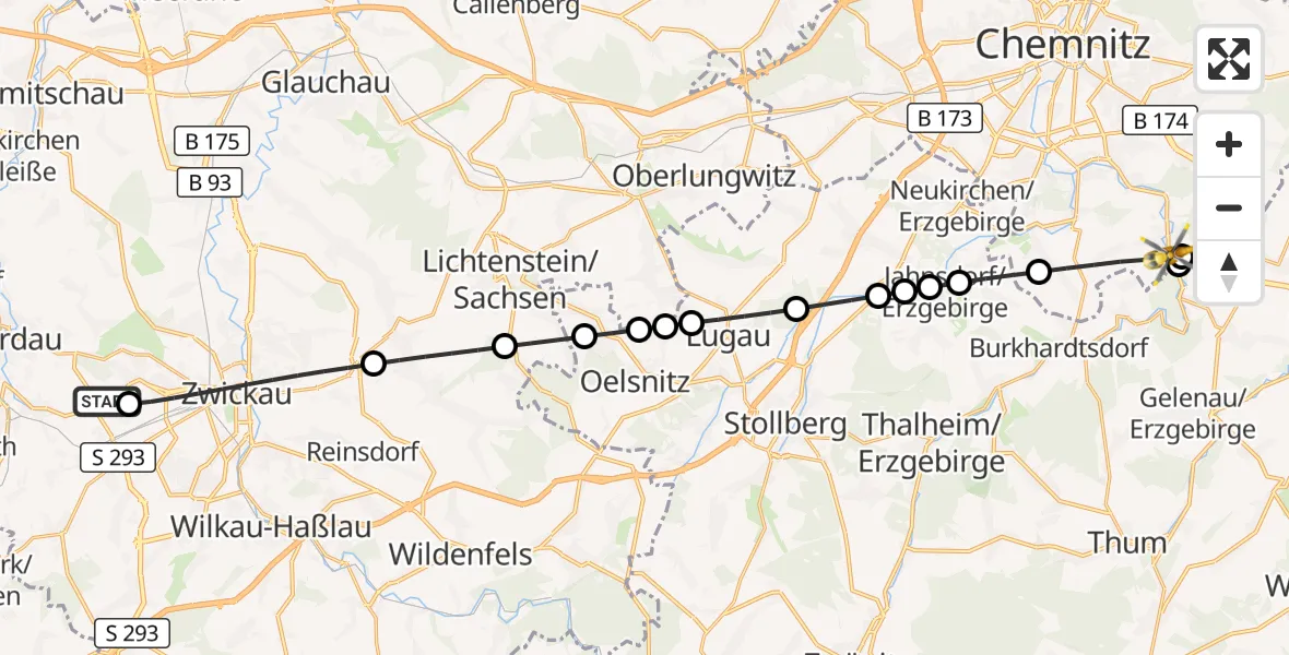Flugroute Rettungshubschrauber ADAC Air Rescue Station Zwickau Hubschrauberlandeplatz - Chemnitz, 25 Juli 2026, 06:10