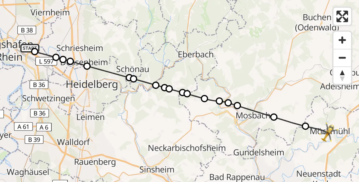 Flugroute Rettungshubschrauber Mannheim-City Flughafen - Möckmühl, 25 Juli 2026, 06:25