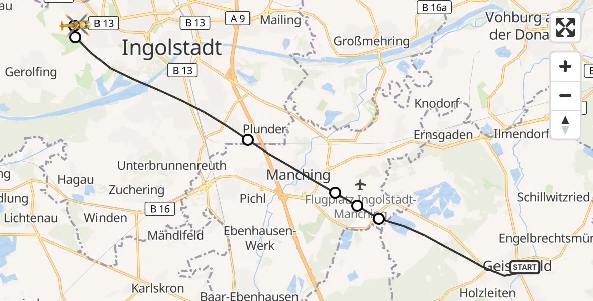 Flugroute Rettungshubschrauber Geisenfeld - Ingolstadt Hospital, 25 Juli 2026, 06:27