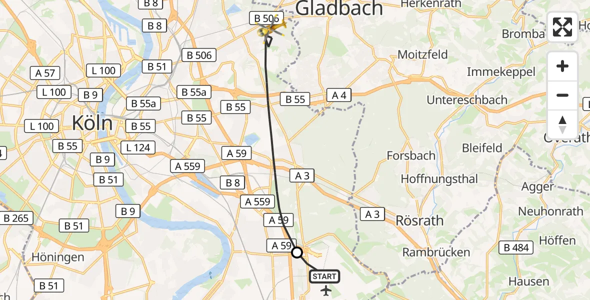 Flugroute Rettungshubschrauber Köln Bonn Flughafen - Köln, 25 Juli 2026, 06:33