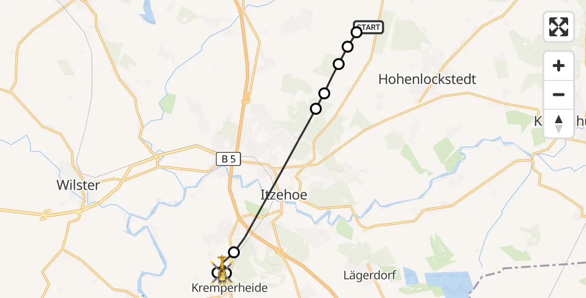 Flugroute Rettungshubschrauber Itzehoe Hungriger Wolf Flugplatz - Kremperheide, 25 Juli 2026, 06:34