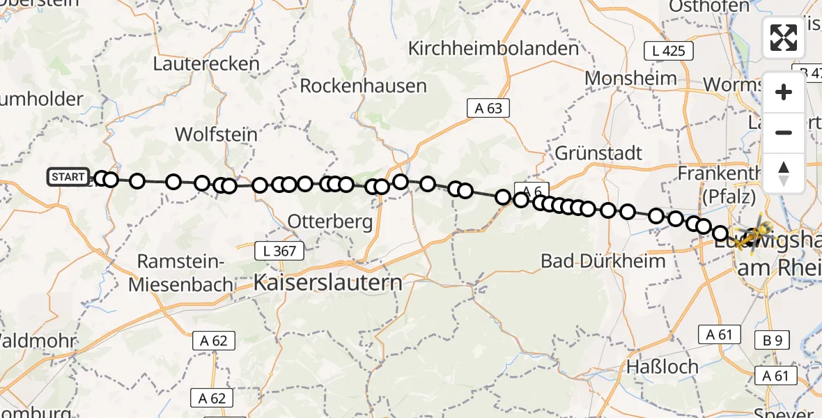 Flugroute Rettungshubschrauber Kusel - Ludwigshafen Accident Hospital, 25 Juli 2026, 06:43