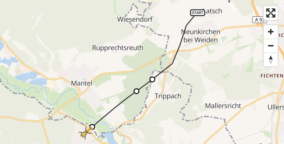 Flugroute Ambulanzhubschrauber Weiden i.d.OPf. - Weiherhammer, 25 Juli 2026, 06:47