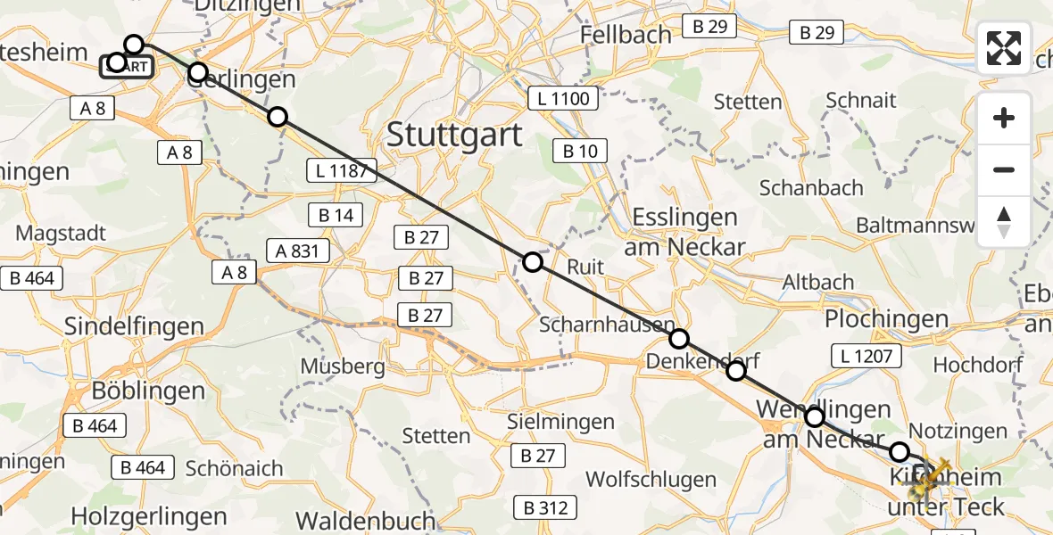 Flugroute Rettungshubschrauber Leonberg Hospital - Kirchheim unter Teck, 25 Juli 2026, 06:50