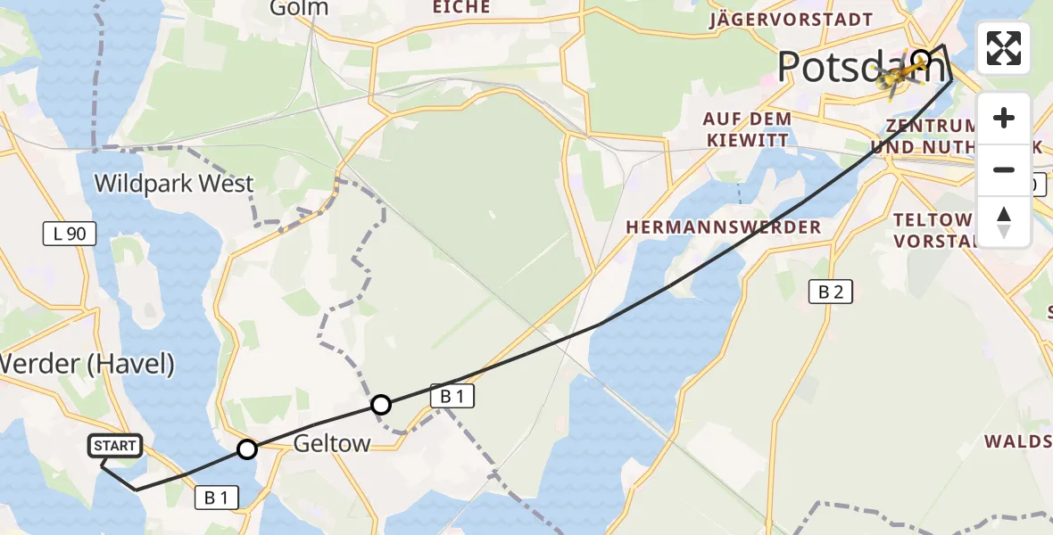 Flugroute Rettungshubschrauber Werder (Havel) - Ernst von Bergmann Clinic Hubschrauberlandeplatz, 25 Juli 2026, 06:53
