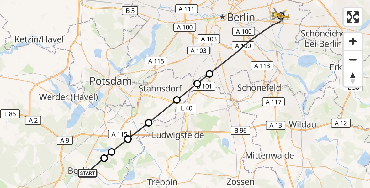 Flugroute Rettungshubschrauber Beelitz - Berlin Emergency Hospital, 25 Juli 2026, 06:58