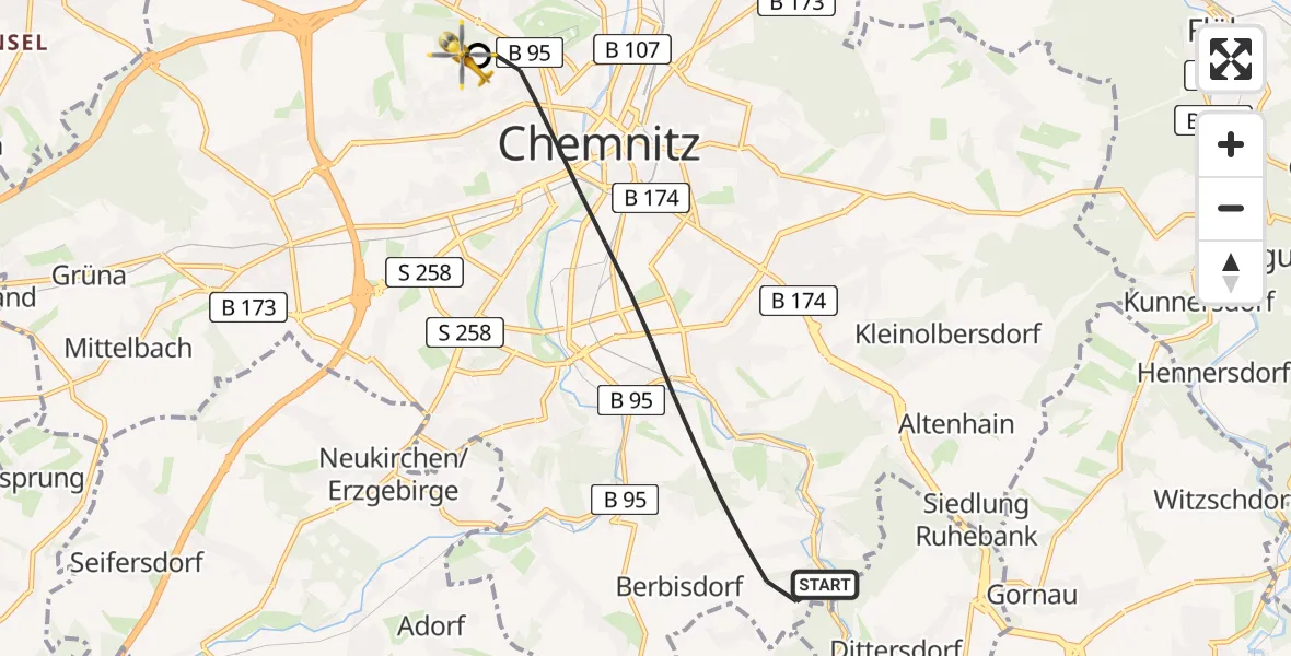 Flugroute Rettungshubschrauber Chemnitz - Flemmingstraße Hospital Rooftop, 25 Juli 2026, 07:00