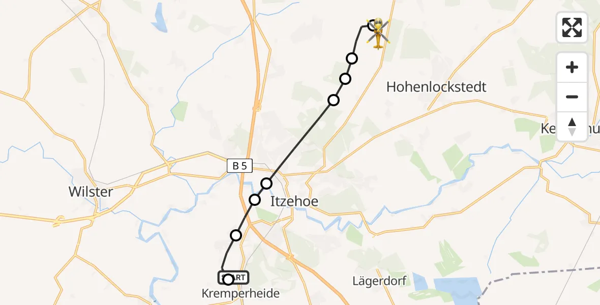 Flugroute Rettungshubschrauber Kremperheide - Itzehoe Hungriger Wolf Flugplatz, 25 Juli 2026, 07:11