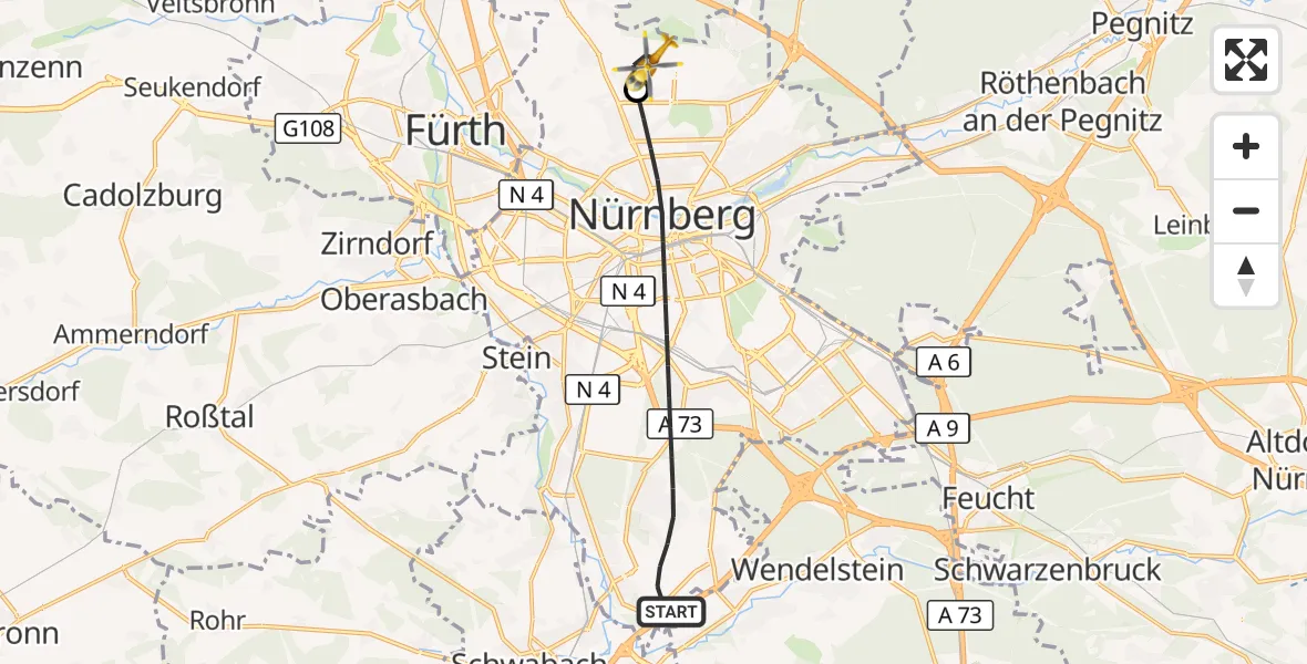 Flugroute Ambulanzhubschrauber Nürnberg - Flughafen Nuremberg, 25 Juli 2026, 07:21