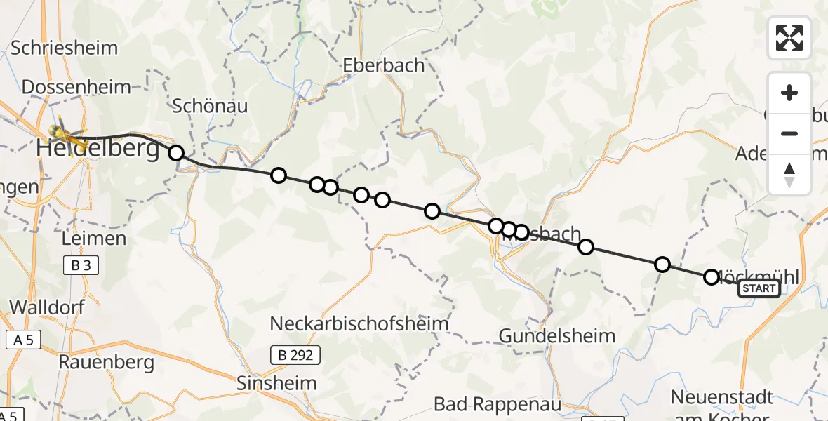 Flugroute Rettungshubschrauber Möckmühl - Heidelberg, 25 Juli 2026, 07:28