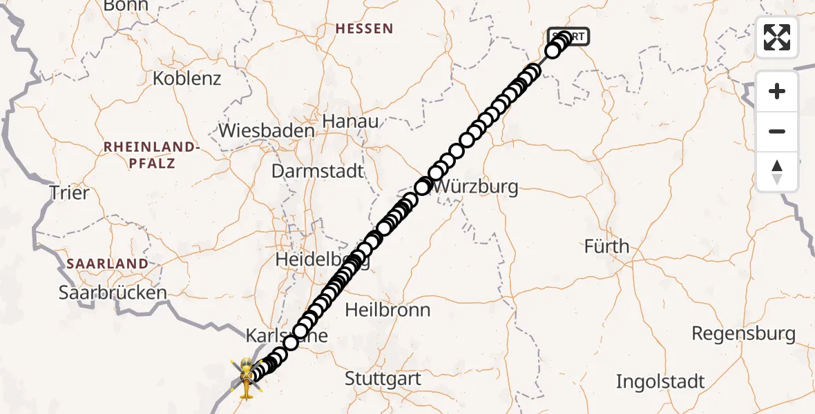Flugroute Rettungshubschrauber Suhl - Karlsruhe Baden-Baden Flughafen, 25 Juli 2026, 07:29