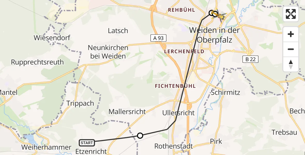 Flugroute Ambulanzhubschrauber Etzenricht - Weiden Hospital, 25 Juli 2026, 07:31