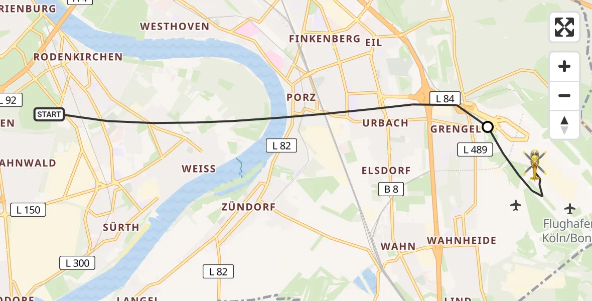 Flugroute Ambulanzhubschrauber Köln - Köln Bonn Flughafen, 25 Juli 2026, 07:40