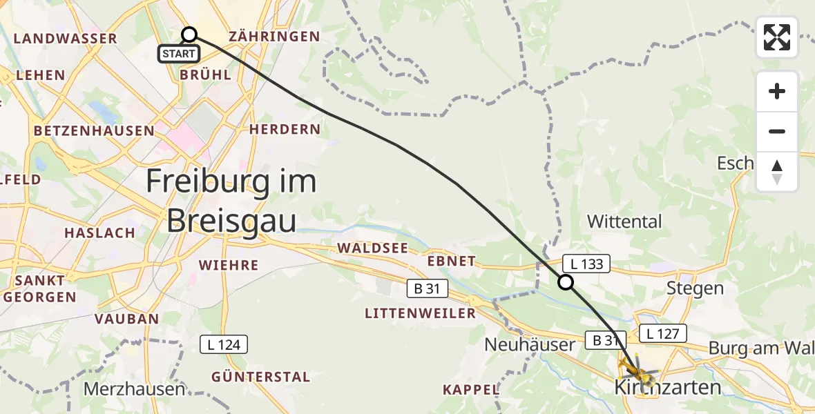 Flugroute Ambulanzhubschrauber Freiburg im Breisgau Flugplatz - Kirchzarten, 25 Juli 2026, 07:40