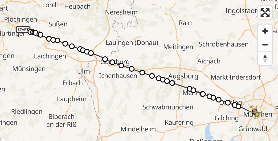 Flugroute Rettungshubschrauber Kirchheim unter Teck - Deutsches Herzzentrum München, 25 Juli 2026, 07:41