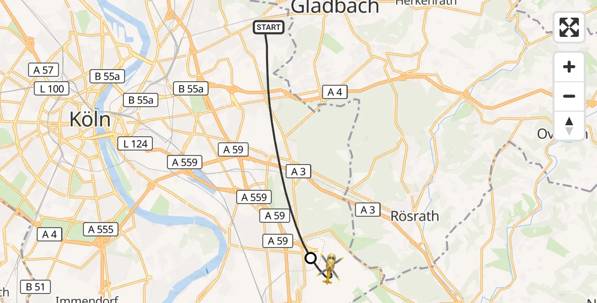 Flugroute Rettungshubschrauber Köln - Köln Bonn Flughafen, 25 Juli 2026, 07:48