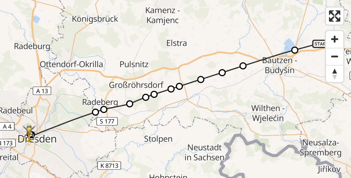 Flugroute Rettungshubschrauber Malschwitz - Dresden Friedrichstadt Hospital, 25 Juli 2026, 07:48