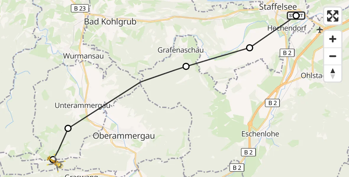 Flugroute Rettungshubschrauber Murnau Accident Hospital - Oberammergau, 25 Juli 2026, 07:49