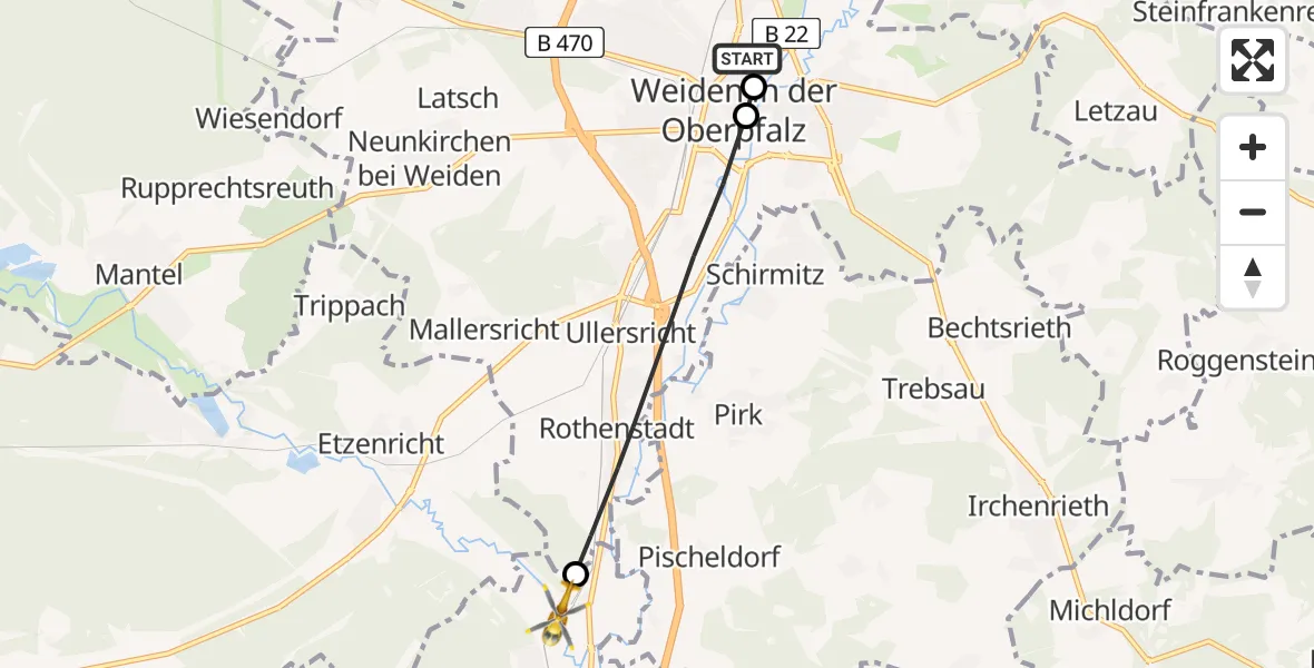 Flugroute Ambulanzhubschrauber Weiden Hospital - Luhe-Wildenau, 25 Juli 2026, 07:54