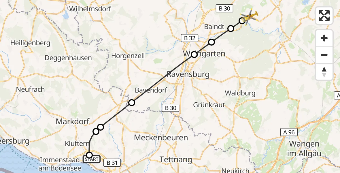 Flugroute Rettungshubschrauber Friedrichshafen Hospital - Bergatreute, 25 Juli 2026, 07:55