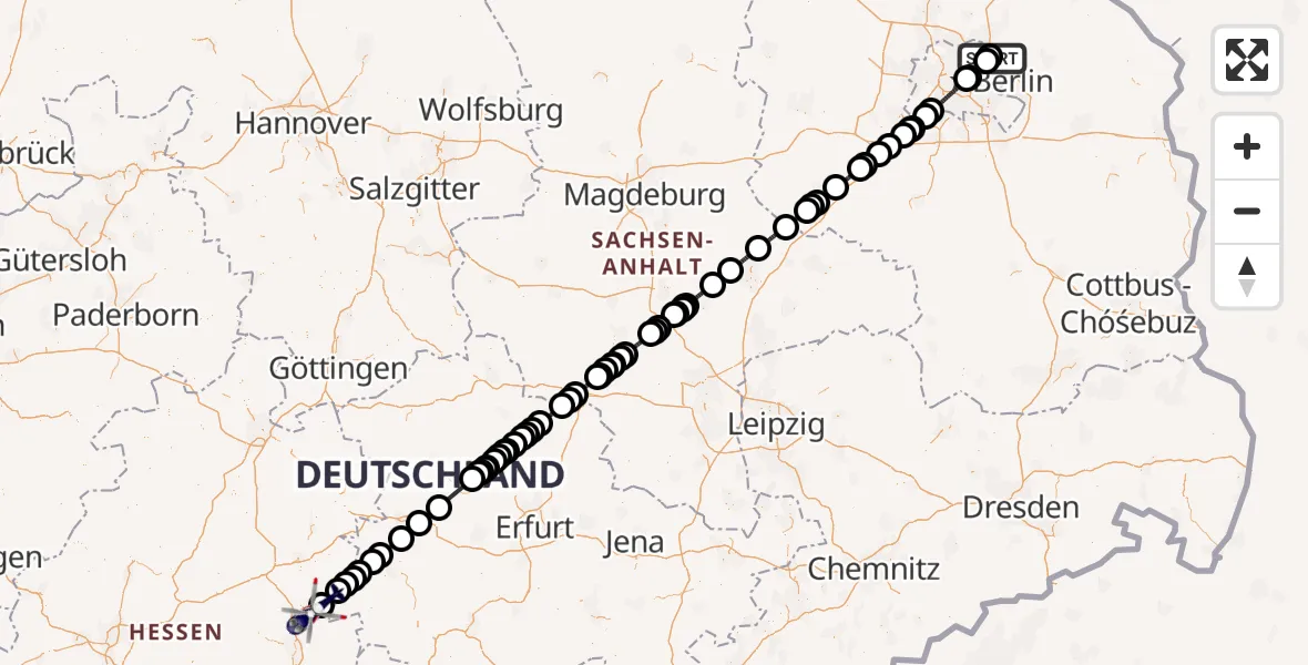 Flugroute Polizeihubschrauber Ahrensfelde Hubschrauberlandeplatz - Hünfeld, 25 Juli 2026, 08:00