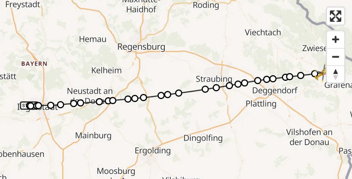 Flugroute Rettungshubschrauber Ingolstadt Hospital - Kirchdorf i.Wald, 25 Juli 2026, 08:11