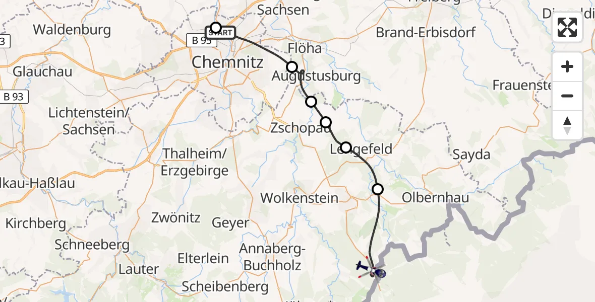 Flugroute Polizeihubschrauber Chemnitz-Glösa Industrial Park Hubschrauberlandeplatz - Marienberg, 25 Juli 2026, 08:13