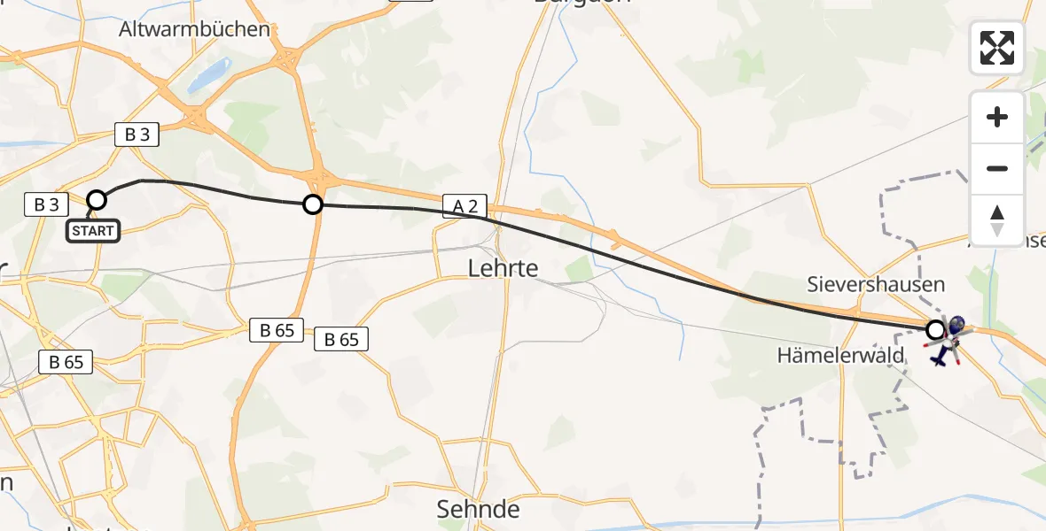 Flugroute Polizeihubschrauber Hannover Luftrettung Hubschrauberlandeplatz (Christoph 4) - Peine, 25 Juli 2026, 08:17
