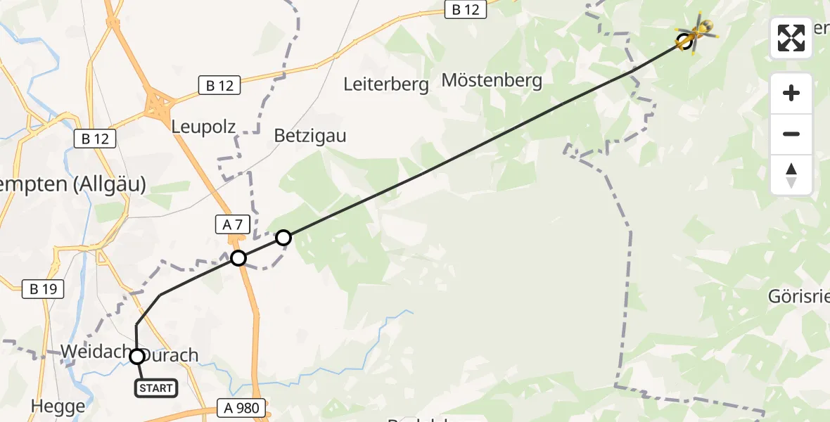 Flugroute Rettungshubschrauber Kempten-Durach Flugplatz - Kraftisried, 25 Juli 2026, 08:19