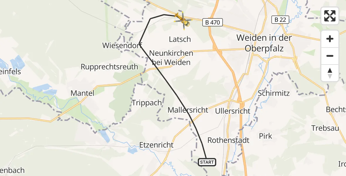 Flugroute Ambulanzhubschrauber Weiden i.d.OPf. - Weiden i.d.OPf., 25 Juli 2026, 08:30