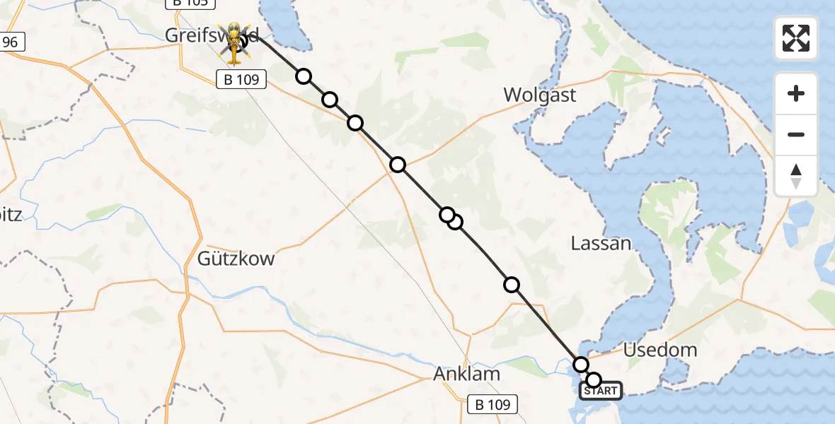 Flugroute Ambulanzhubschrauber Bugewitz - Greifswald Hospital, 25 Juli 2026, 08:32