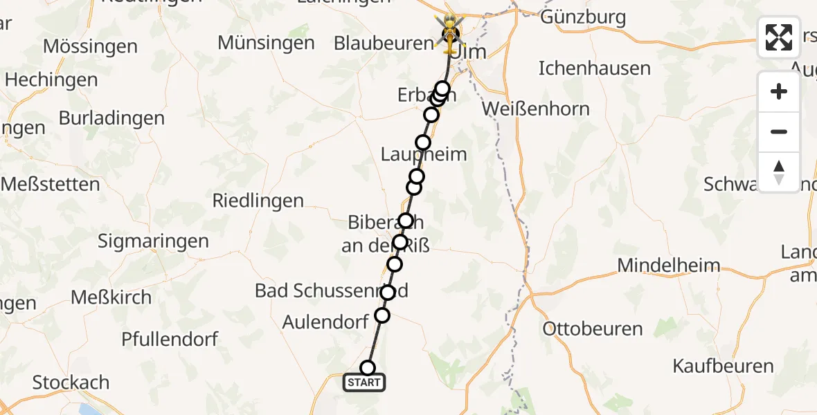 Flugroute Rettungshubschrauber Bergatreute - Ulm Military Hospital Emergency, 25 Juli 2026, 08:37
