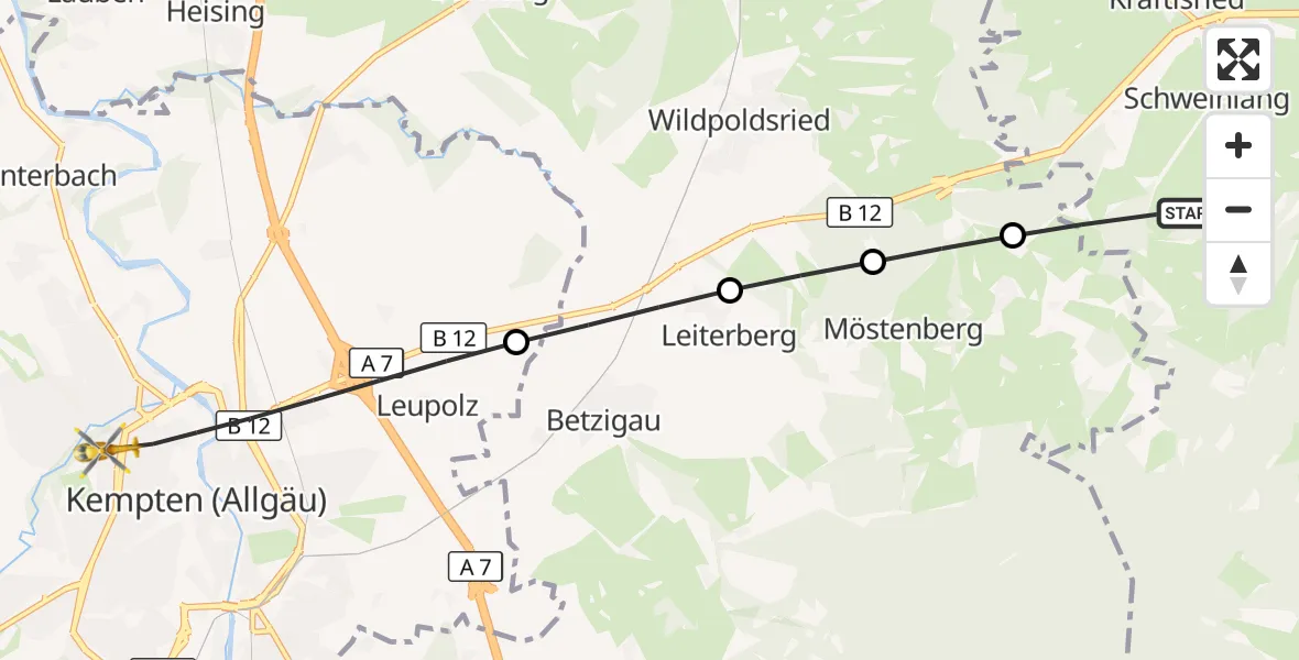 Flugroute Rettungshubschrauber Kraftisried - Kempten (Allgäu), 25 Juli 2026, 08:40
