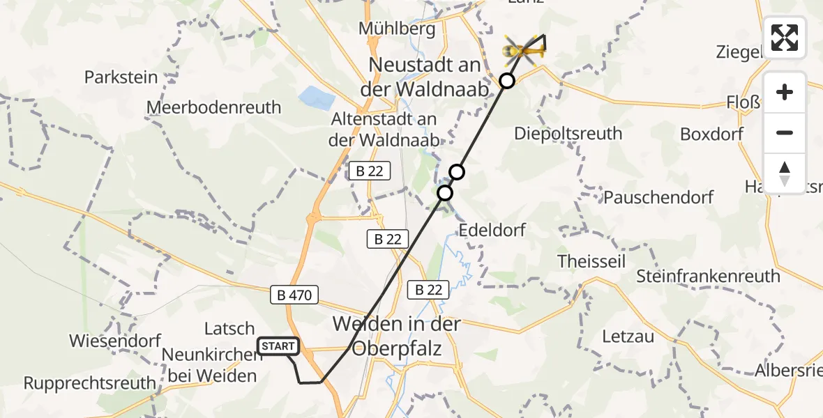 Flugroute Ambulanzhubschrauber Weiden i.d.OPf. - Störnstein, 25 Juli 2026, 08:43