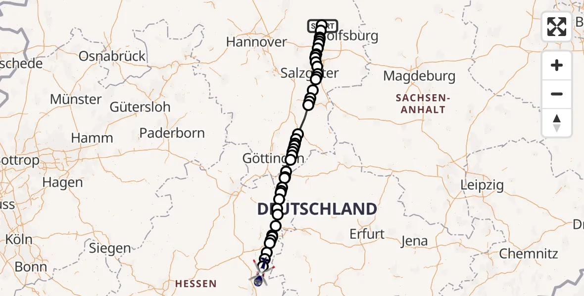 Flugroute Polizeihubschrauber Gifhorn Bundespolizei Hubschrauberlandeplatz - Hünfeld, 25 Juli 2026, 08:45