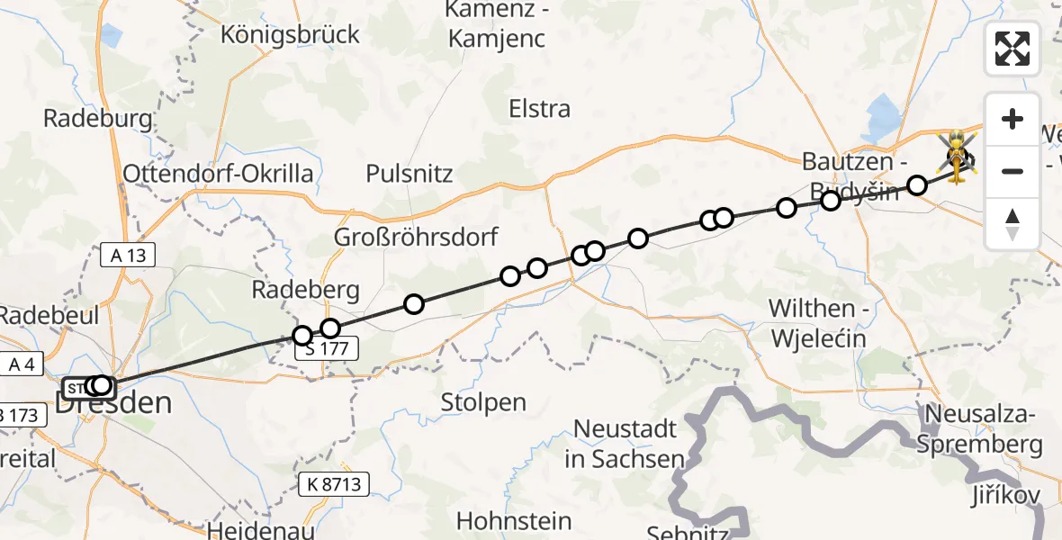 Flugroute Rettungshubschrauber Dresden Friedrichstadt Hospital - Bautzen Flugplatz, 25 Juli 2026, 08:47