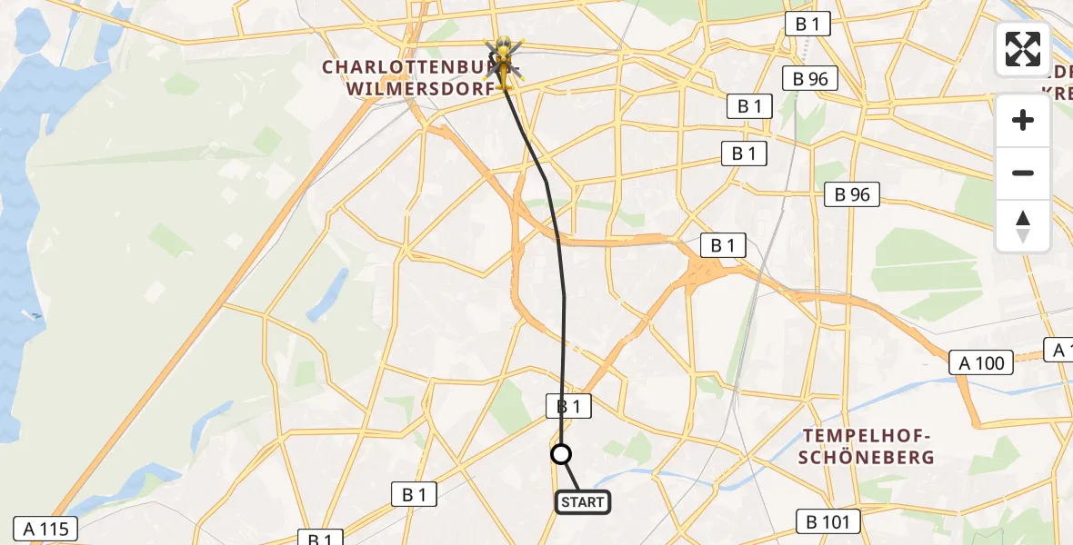 Flugroute Rettungshubschrauber Charité Clinic Benjamin Franklin Campus - Berlin, 25 Juli 2026, 08:50