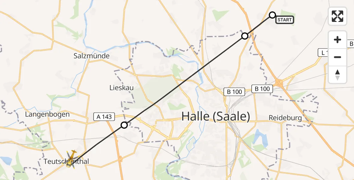 Flugroute Rettungshubschrauber Halle-Oppin Flugplatz - Teutschenthal, 25 Juli 2026, 08:55