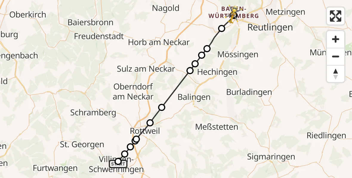 Flugroute Ambulanzhubschrauber DRF Air Rescue Station Villingen-Schwenningen Hubschrauberlandeplatz (Christoph 11) - Tübingen University Hospital, 25 Juli 2026, 08:59