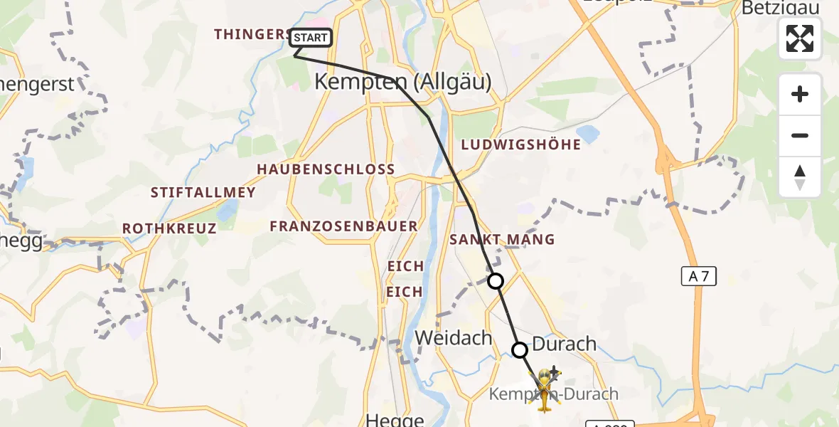 Flugroute Rettungshubschrauber Kempten (Allgäu) - Kempten-Durach Flugplatz, 25 Juli 2026, 09:00