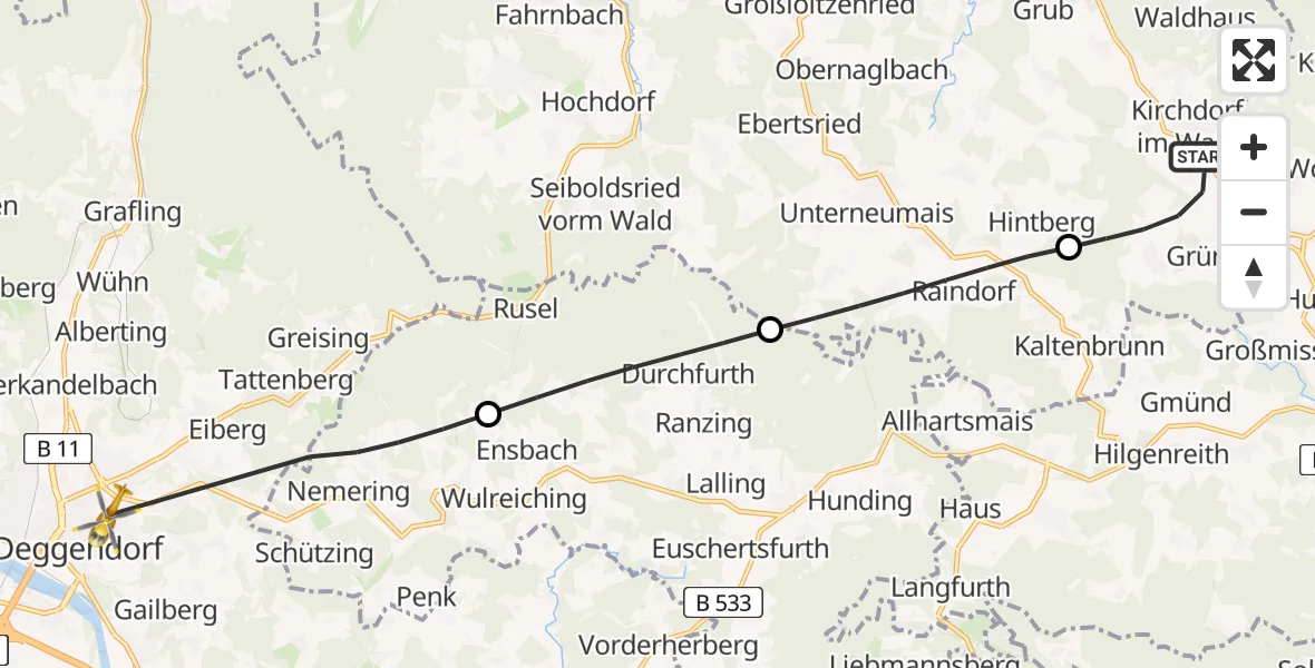 Flugroute Rettungshubschrauber Kirchdorf i.Wald - Deggendorf, 25 Juli 2026, 09:01