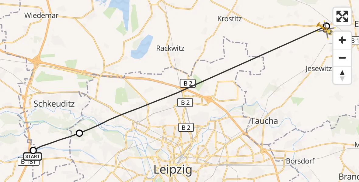 Flugroute Rettungshubschrauber ADAC Air Rescue Station Leipzig/Schkeuditz-Dölzig Hubschrauberlandeplatz (Christoph 61) - Eilenburg, 25 Juli 2026, 09:02