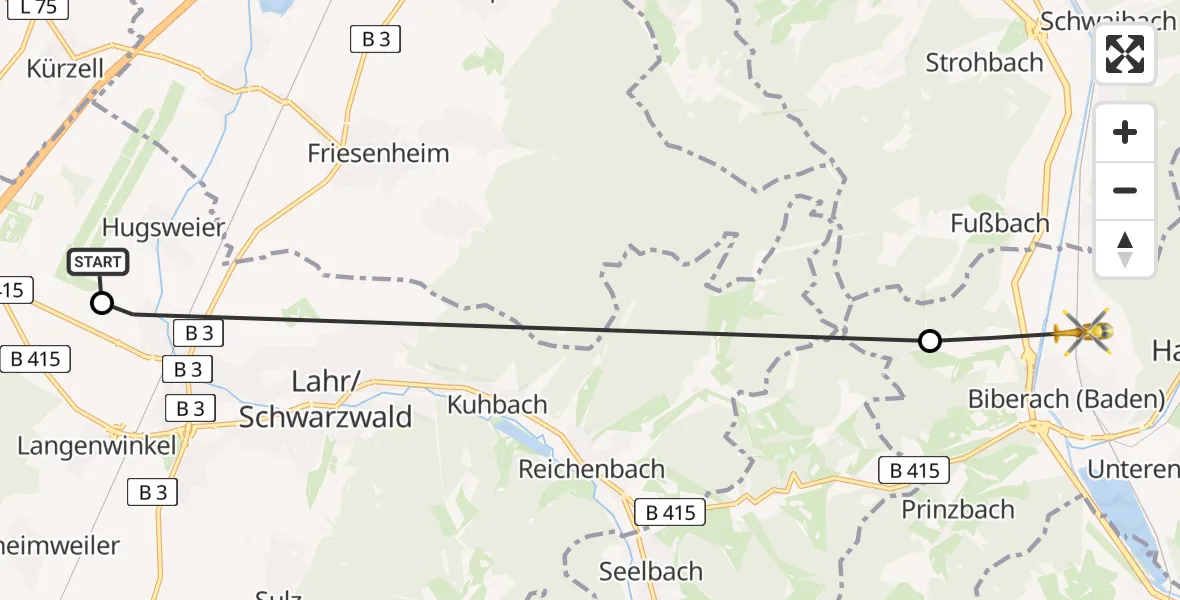 Flugroute Rettungshubschrauber Lahr Flughafen - Biberach, 25 Juli 2026, 09:07