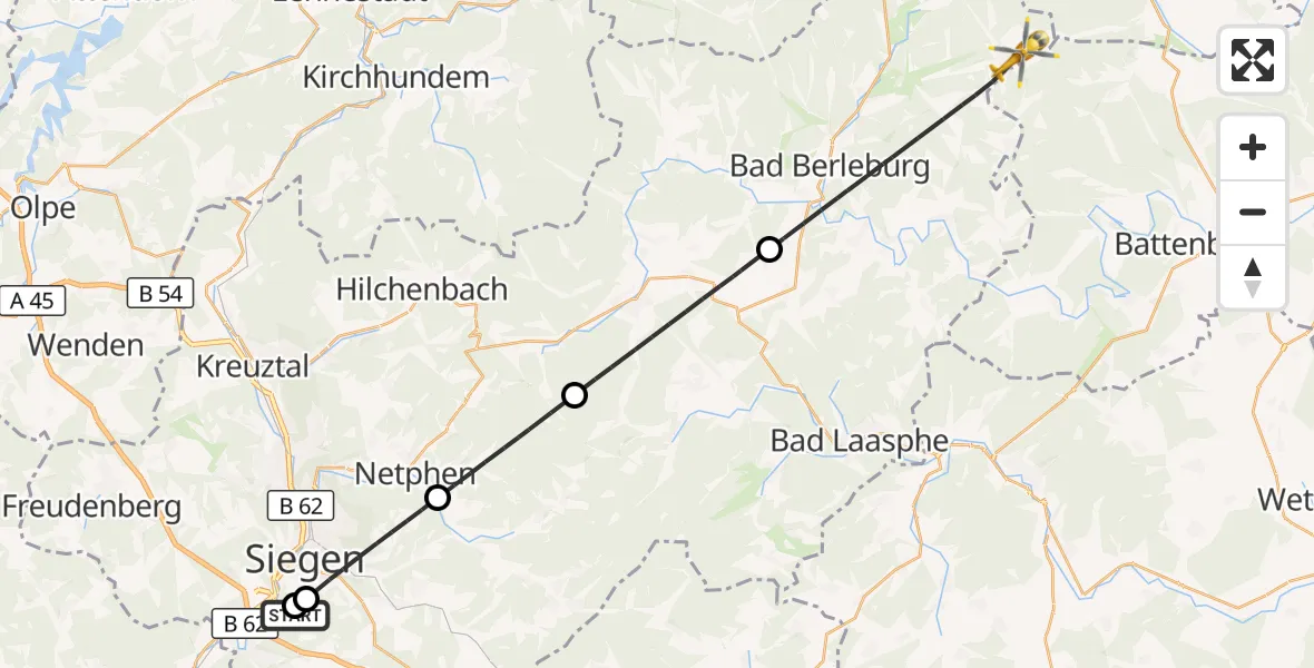 Flugroute Rettungshubschrauber Evangelisches Jung-Stilling Hospital - Bad Berleburg, 25 Juli 2026, 09:11
